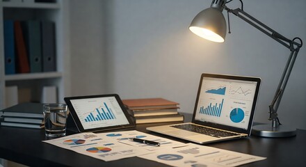 Fototapeta premium Analyzing Data Charts on Laptop and Tablet at Night
