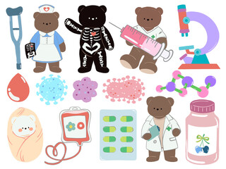 Adorable Teddy Bear Doctor medicine capsules and microscopes. The playful design is perfect for children's products, healthcare projects elements isolated on white