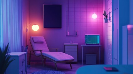 Modern hospital room with vibrant neon lighting at night showcasing advanced medical technology and equipment