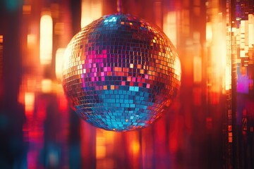 Obraz premium A disco ball hangs in a vibrant, colorful, neon-lit nightclub setting.