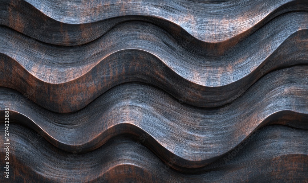 Poster abstract wavy texture in metallic shades of blue and copper, creating a dynamic visual effect