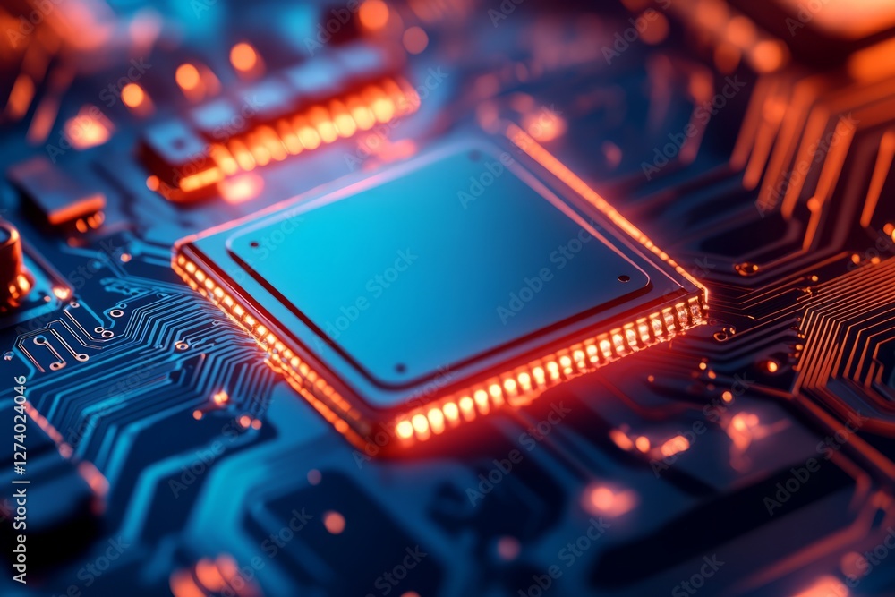 Aufkleber close-up view of a modern microchip on a circuit board with glowing led lights