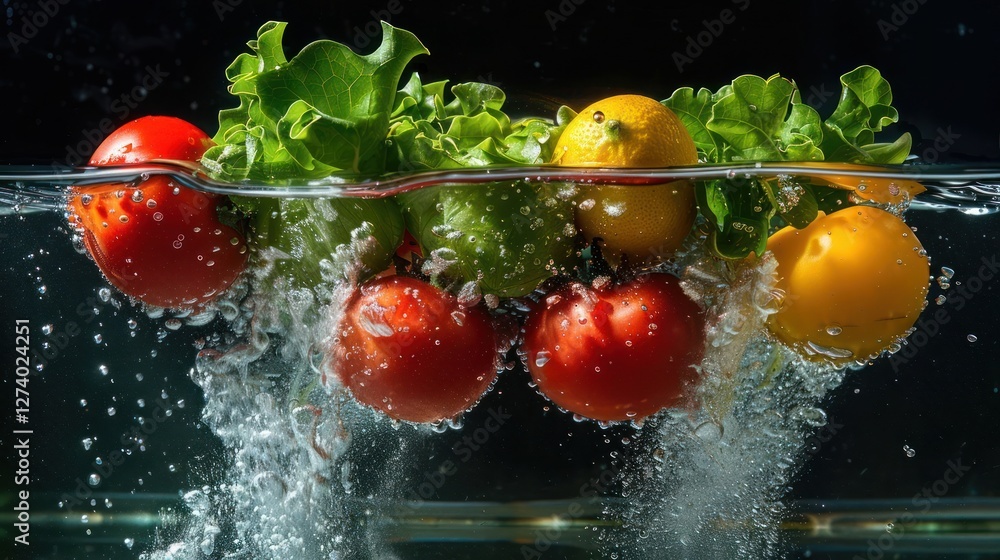 Poster fresh vegetables submerged in water, creating bubbles and a vibrant visual effect.