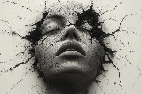 Imploding Sphere Encasing a Human Face Symbolizes the Breakdown of Consciousness in Surreal Form. Generative AI