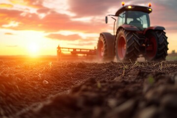 Red tractor plowing field at sunset with vibrant sky and soil close-up.