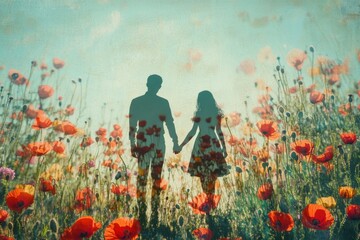 A tender moment captured as a couple holds hands, standing amidst a vibrant field of red poppies under a textured sky, embodying love and togetherness