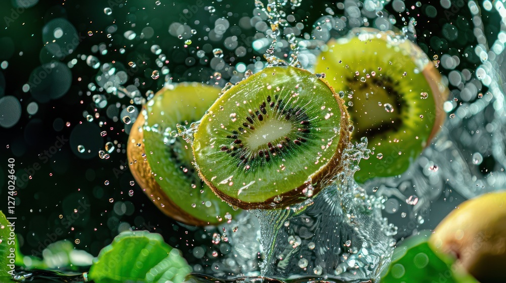 Poster sliced kiwis splash in water, creating a refreshing and vibrant visual effect.