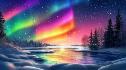 Breathtaking Aurora Borealis Over a Snowy River Landscape at Night