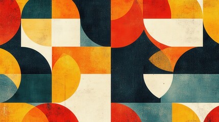 Colorful geometric shapes interact in vibrant composition showcasing balance and contrast in design elements