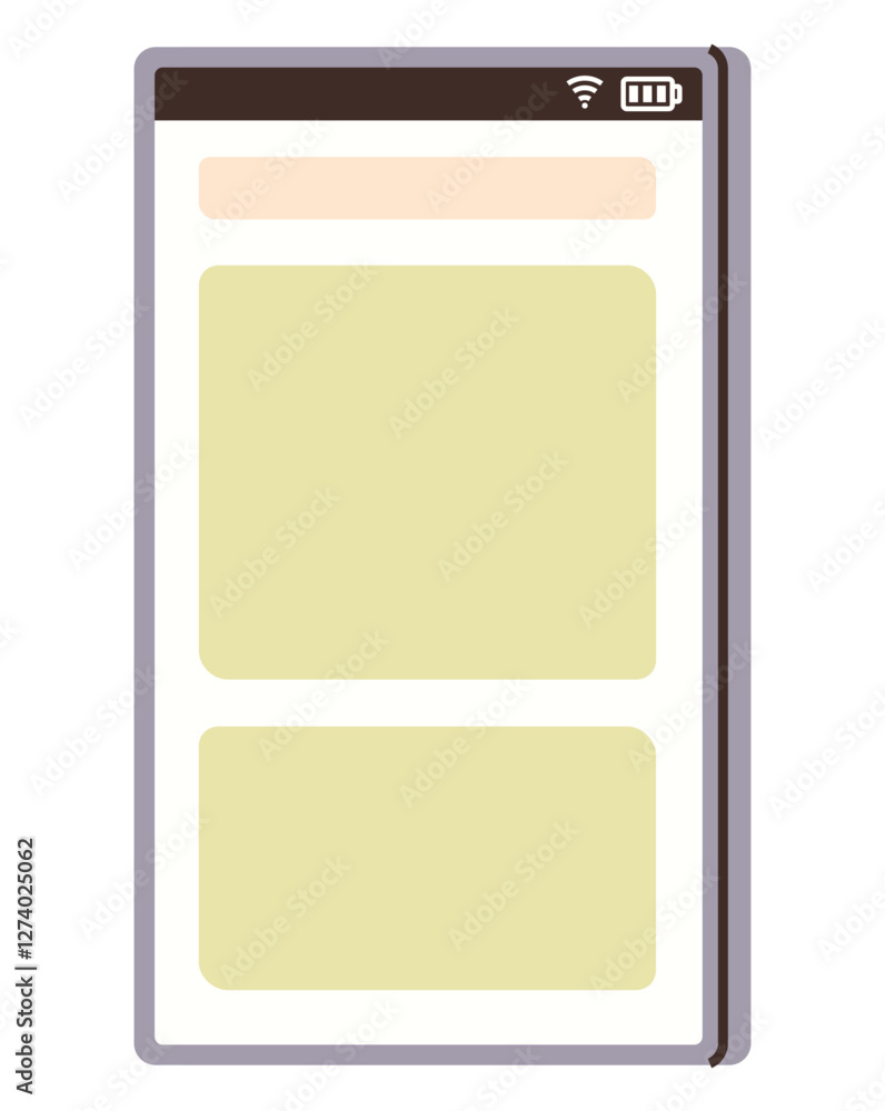 Poster smartphone screen with header, navigation icons, and two rectangular content placeholders. ideal for