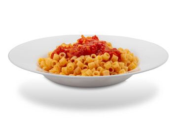 Pasta ditalini, small macaroni pasta topped with tomato sauce in white plate isolated on white with clipping path included