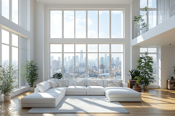 A modern, minimalist living room with a bright and airy atmosphere. The space features a white sectional sofa, large windows with city views, indoor plants, and elegant decor