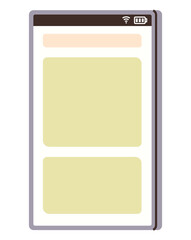 Smartphone screen with header, navigation icons, and two rectangular content placeholders. Ideal for UI design, technology, information, communication, education, business and mobile applications