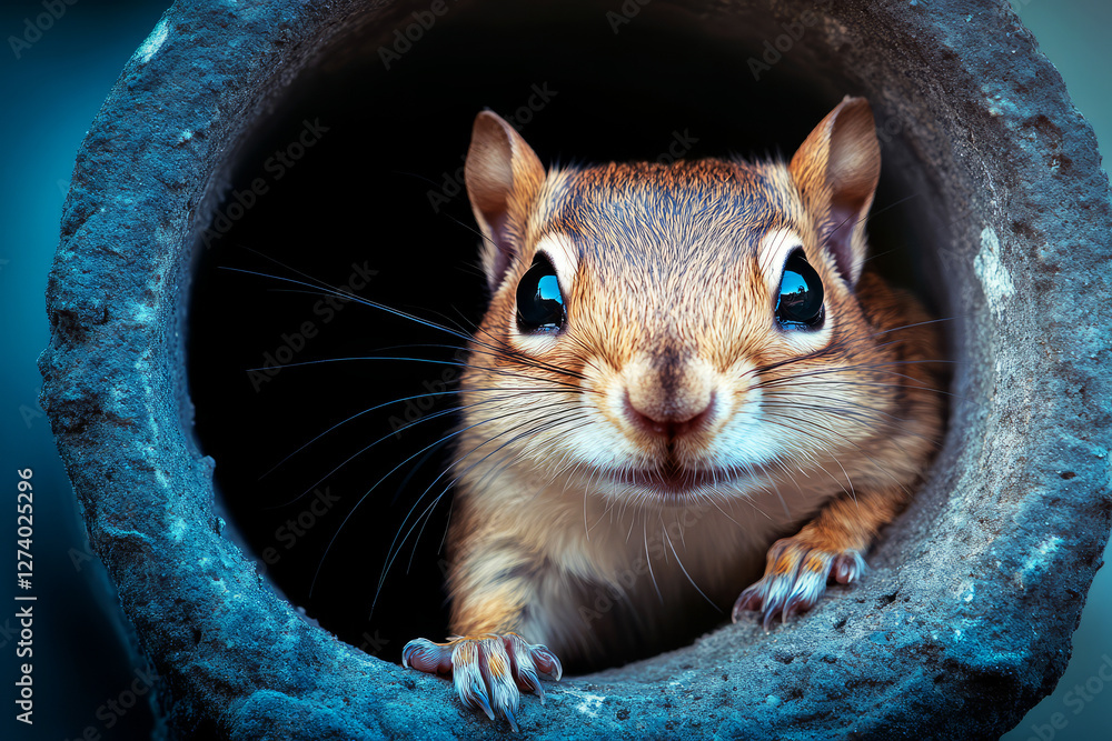 Poster curious chipmunk peeks out from a hollow log in a forest setting