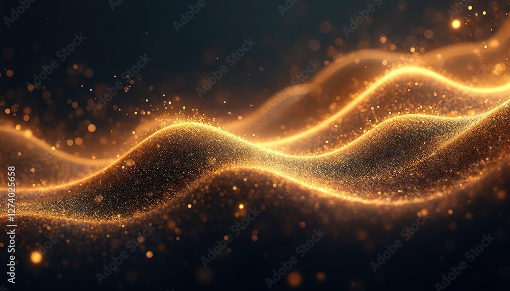 Aufkleber shimmering abstract design with flowing golden waves, sparkling particles on dark backdrop. festive 