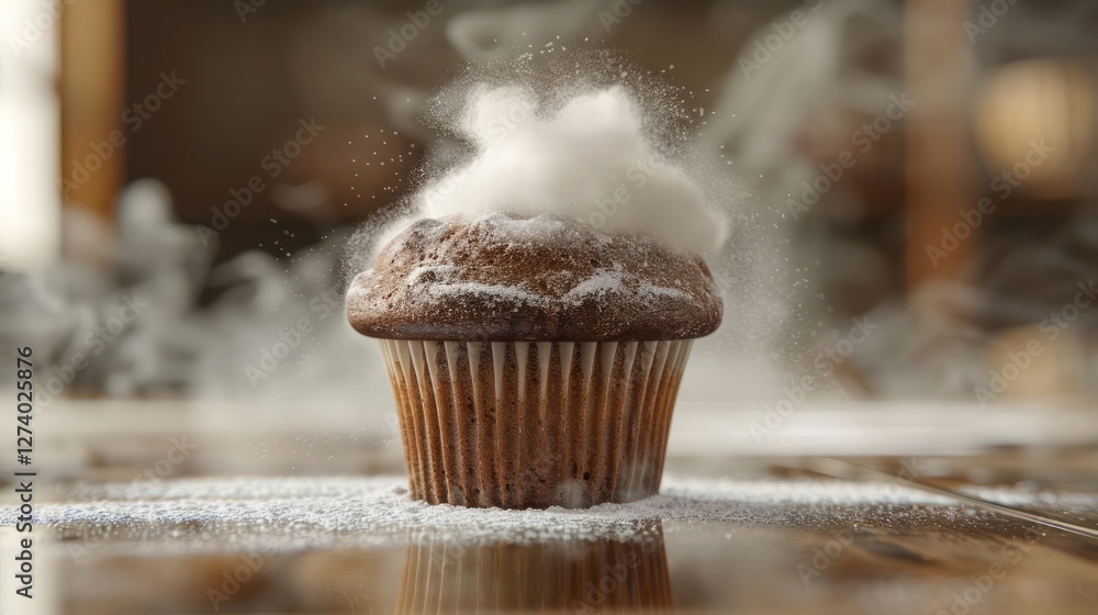 Poster a cupcake with powdered sugar and a cloud-like topping, creating a whimsical effect.