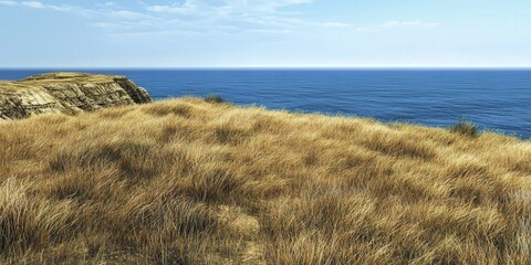 a dry grass coastal terrain, with wild grass covering the land, leading up to a cliff that drops into the deep blue of the ocean below