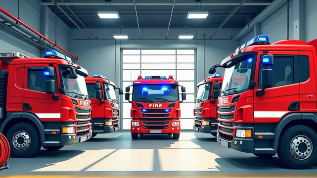 A row of fire trucks are parked in a garage. The trucks are red and white. The first truck is on the left and the last truck is on the right