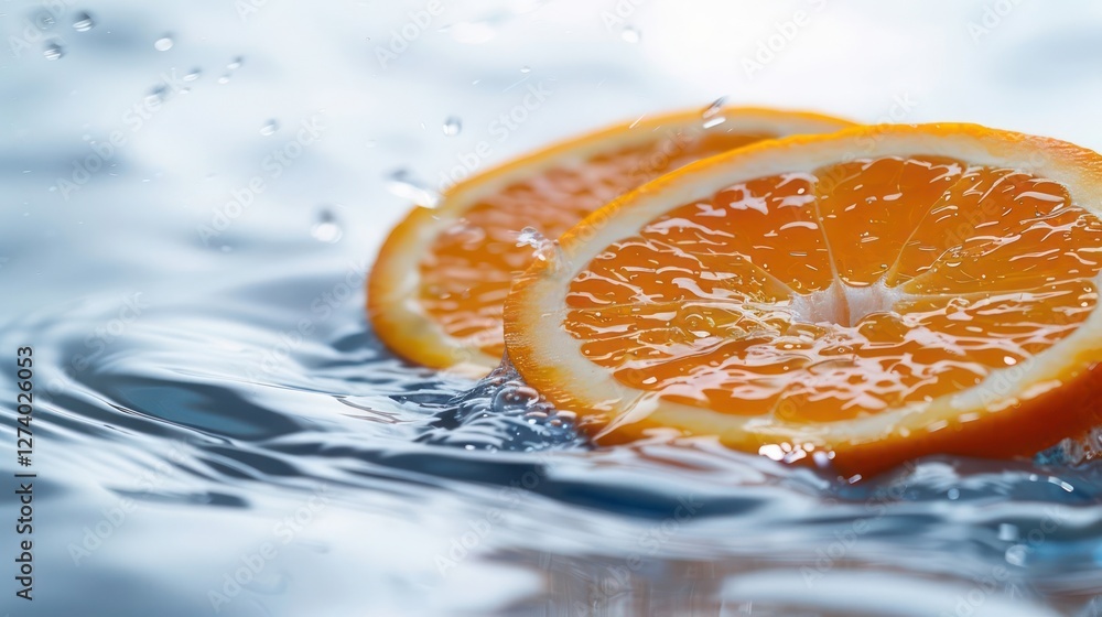 Poster fresh orange slices floating in water, creating a refreshing and vibrant scene.