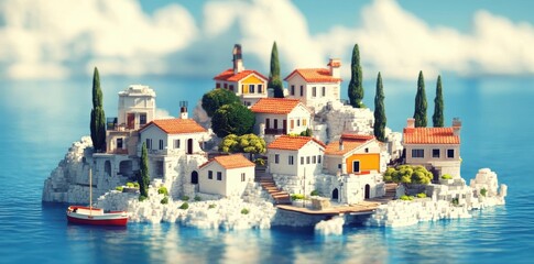 Obraz premium Island Village Embraces Tranquil Sea with Cozy Homes and Lush Greenery, a Mediterranean Escape.