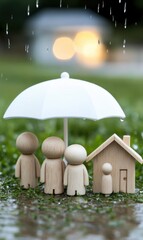 Family Under Umbrella with House in Rainy Weather Scene