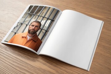 Caucasian male inmate in orange uniform featured in open magazine on wooden table.