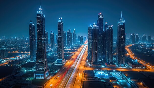 Night aerial view of illuminated Riyadh city, Saudi Arabia. Cityscape features modern architecture, skyscrapers in dark. Car trails along highway create beautiful light. Urban landscape shows