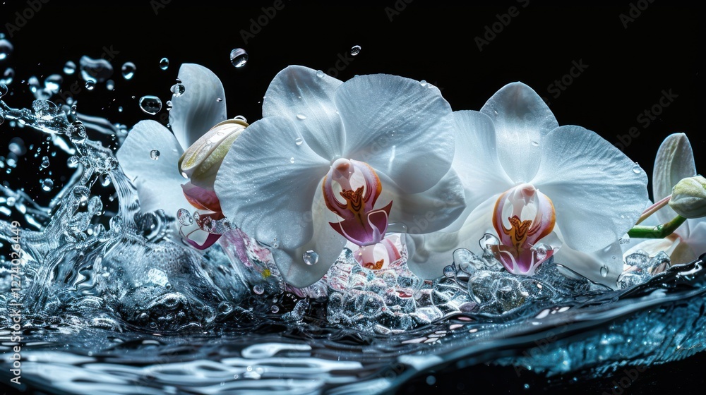 Poster a serene arrangement of white orchids splashing in water, creating a tranquil atmosphere.