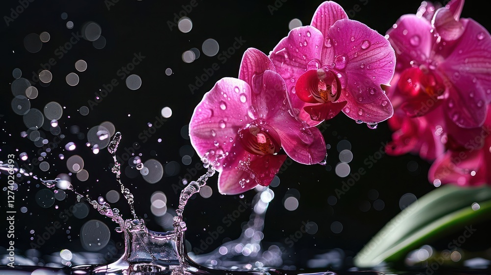 Poster a vibrant orchid flower splashed with water droplets, creating a refreshing visual effect.