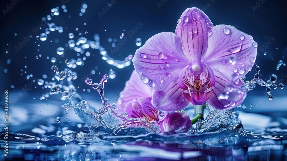 Poster a vibrant pink orchid splashes in water, creating a dynamic and captivating visual effect.