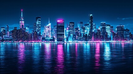 Vibrant Night Cityscape with Neon Lights and Reflections in Water