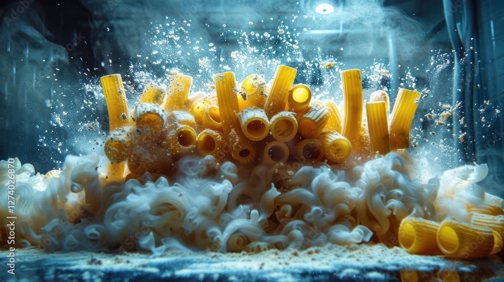 Poster exploding pasta in a dramatic, high-speed capture with steam and motion effects.