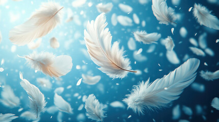 Aesthetic wallpaper with floating feathers in a soft blend of white and sky blue