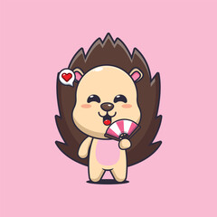 hedgehog mascot cartoon character vector illustration with hand fan
