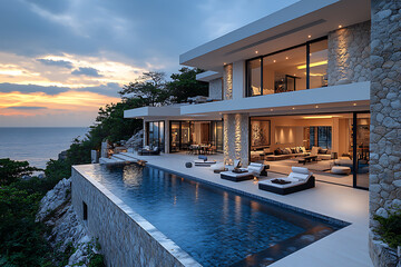 Fototapeta premium A stunning modern luxury villa with an infinity pool overlooking the ocean at sunset. The sleek architectural design, open-concept living space, and breathtaking view evoke elegance and exclusivity