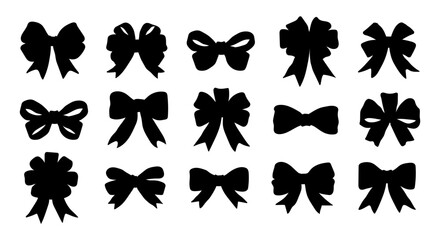 Fototapeta premium A set of black bows with a white background. The bows are all different sizes and shapes. Scene is elegant and sophisticated