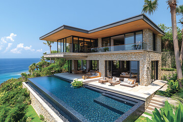 Obraz premium A stunning modern luxury villa with an infinity pool overlooking the ocean at sunset. The sleek architectural design, open-concept living space, and breathtaking view evoke elegance and exclusivity