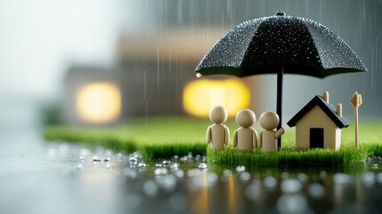 Miniature Figurines Shelter Under Umbrella by Tiny House in Rain