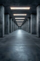Concrete Pillars in Dark Hallway with Rectangular Lights Creating a Dramatic Perspective