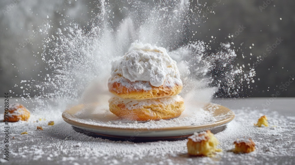 Poster a fluffy dessert topped with whipped cream and powdered sugar, creating a playful explosion effect.