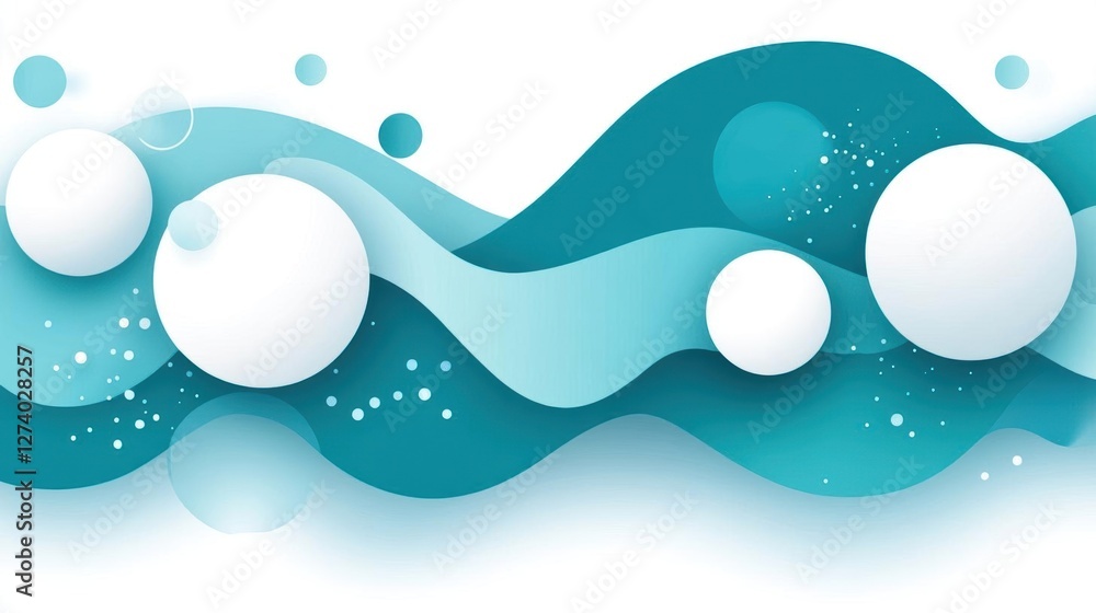 Poster abstract blue wave flows with white circles and dynamic motion. minimalist design, fluid shapes, mod