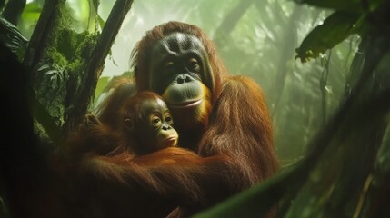 Fototapeta premium Orangutan Mother and Baby in Jungle