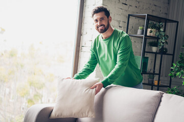Young man in casual green top arranging a cushion in a modern living room with natural daylight and...