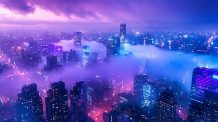 Fototapeta premium Aerial Cityscape with Fog and Neon Lights at Twilight Dusk