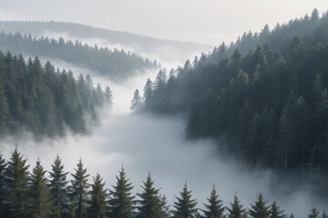 trees in the fog are covered by low lying clouds