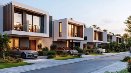 Fototapeta premium Modern suburban homes with luxury cars in contemporary residential neighborhood
