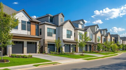 Modern suburban row of new two-story houses in sunny neighborhood