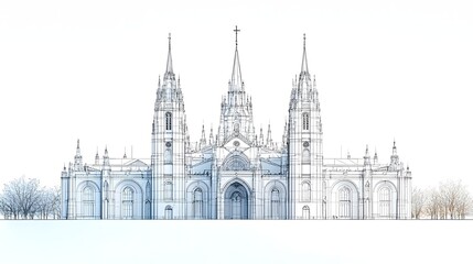 Fototapeta premium Minimalist Line Drawing of an Elegant Gothic Cathedral with Sharp Spires on White Background