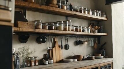 Rustic kitchen filled with wooden shelves and sunlight, showcasing various utensils and glass jars in a cozy atmosphere