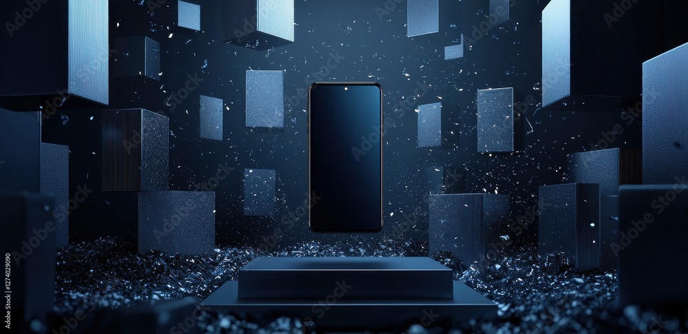 Poster black smartphone surrounded by floating blocks in a futuristic design